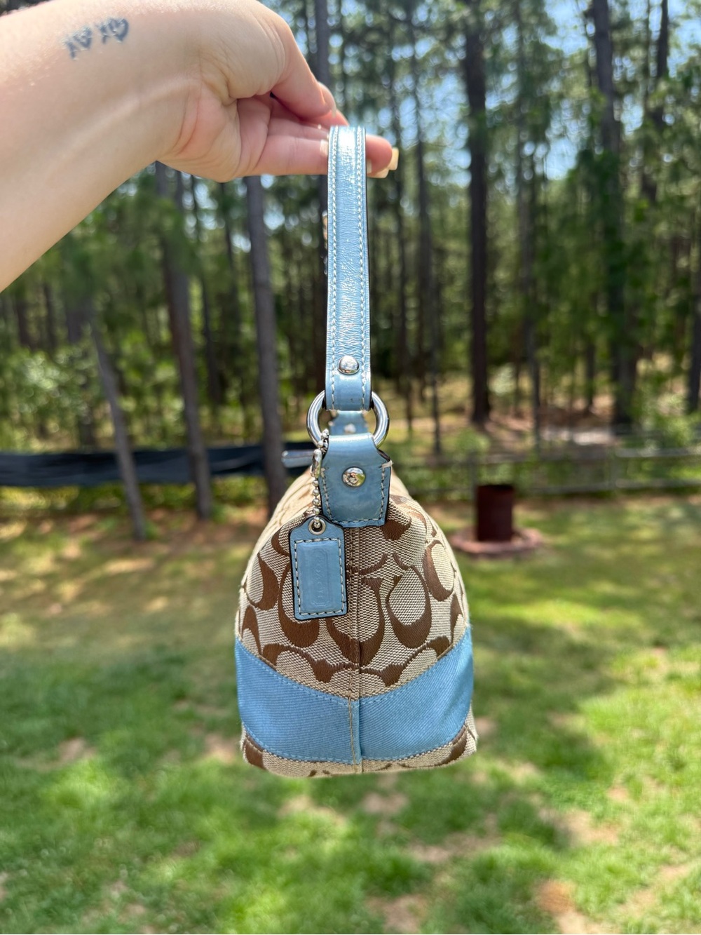 Coach Signature Canvas Small Shoulder Bag in Brown with Light Blue Accent - Picture 4 of 7